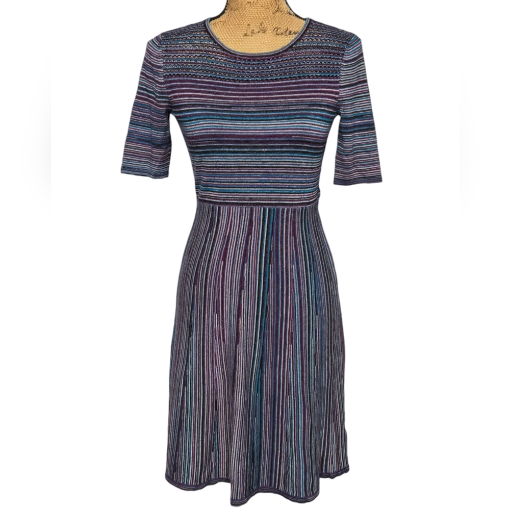 Spense 3/4 Sleeve A-Line Midi Striped Sweater Dress Sz Small P Purple Blue Black